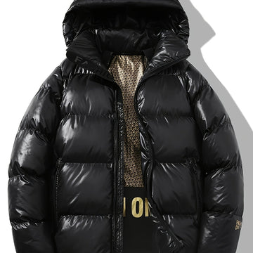 Men'S Winter Hooded Jacket, Casual Solid Color Polyester 100% with Pockets, Regular Fit, Non-Stretch Woven Fabric, Warm Thickened Coat with Polyester Fiber Filling